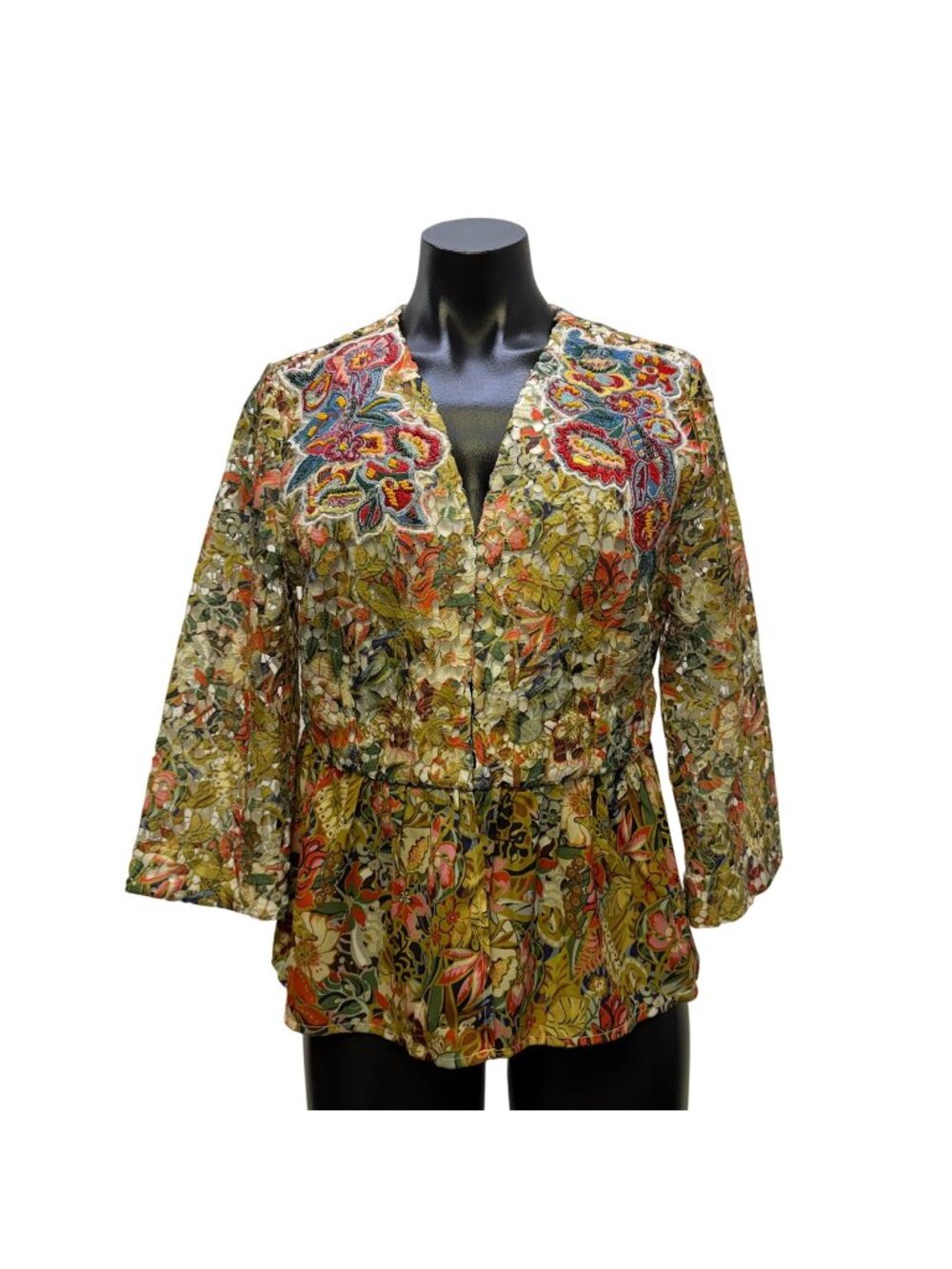 Soft Surroundings Floral Embroidered Sheer Blouse Multicolor M
